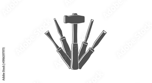 Set of metal drill bits and hammer.