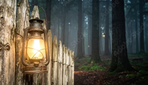 Lantern on Fence in Dark Forest.