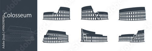 Colosseum Rome Vector Icon Set – 6 Silhouette Illustrations of Ancient Roman Amphitheater