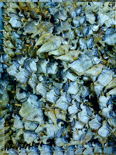 A portion of small lambari fish on a skewer ready to be roasted