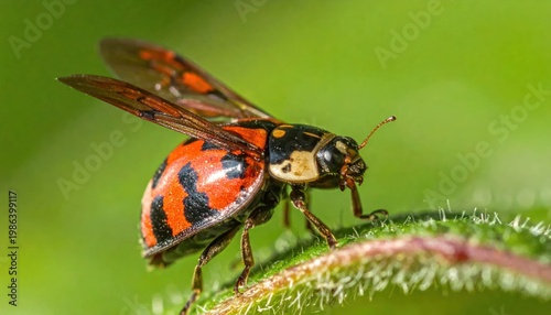 Vibrant Wasp Standing on Leaf Edge.