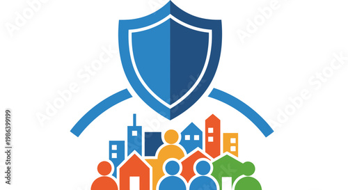 Shield protects diverse community and city buildings under blue arch.