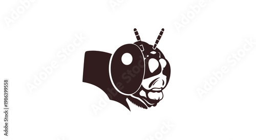 Black and White Bee Head Illustration.