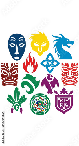 Collection of colorful abstract symbols and icons on white background.