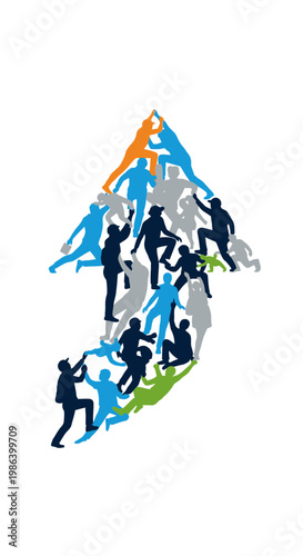 People climbing an upward arrow made of puzzle pieces.