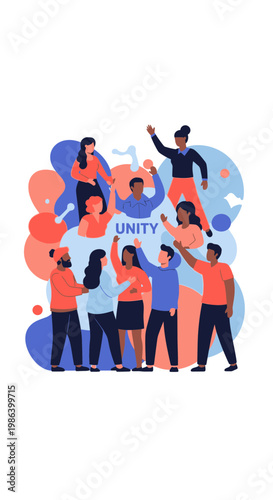 Diverse group of people celebrating together with abstract shapes.