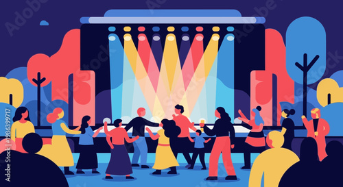 People enjoy a concert on an outdoor stage with colorful lights.