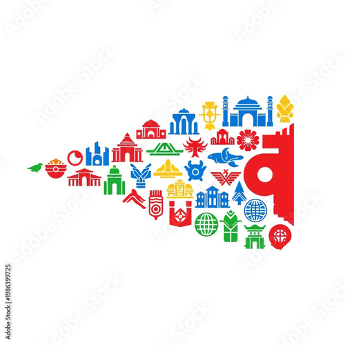 Colorful icons of landmarks and symbols arranged in a banner shape.