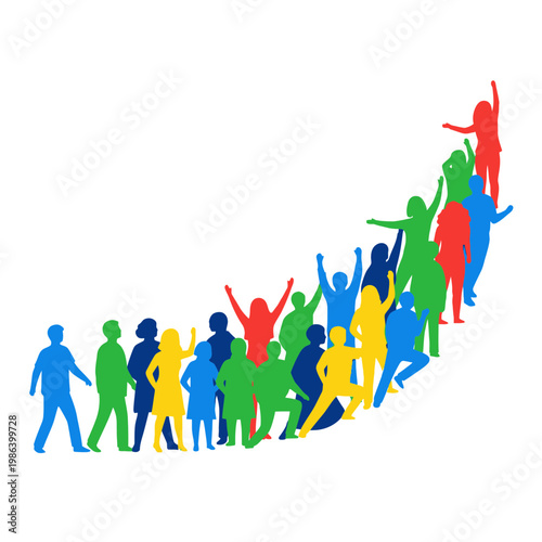 Colorful silhouettes of people in a rising curve against white.