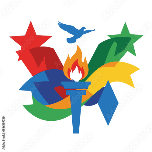 Colorful abstract design with a torch bird and stars.