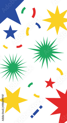 Colorful stars and confetti against a white background.