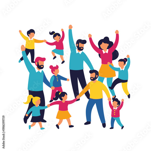 Diverse group of people celebrating together with arms raised.