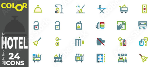 50 Hotel and Room Service Color Flat Icon Pack with Hospitality and Housekeeping Illustrations