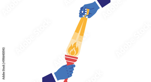 Hands passing a lit torch against a white background.