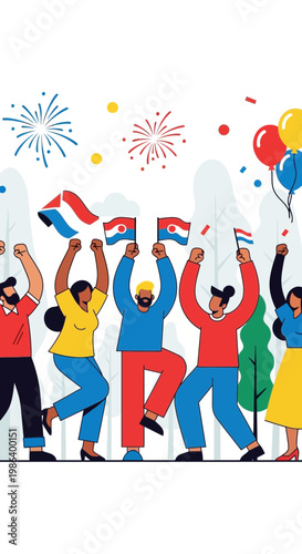 Diverse group of people celebrating with flags and balloons.