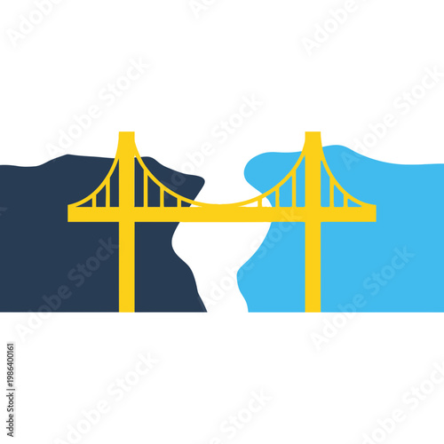 Yellow bridge connects two abstract landmasses over water.