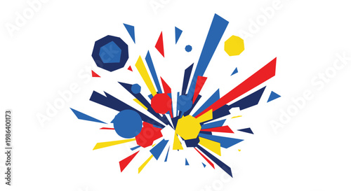 Abstract explosion of colorful geometric shapes and circles on white background.