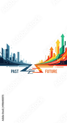 City skyline transitions to colorful upward arrows representing progress.