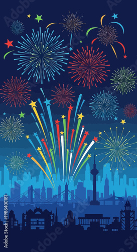Colorful fireworks explode above a city skyline at night.