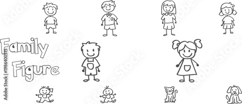Vector Set of Hand Drawn Cute Family Figures and Children Stick Character Doodle Illustrations
