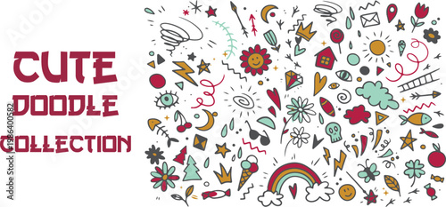 Large Set of Cute Hand Drawn Whimsical Animals and Lifestyle Nature Doodle Illustrations