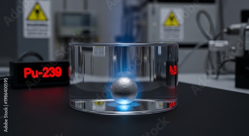 Plutonium-239 metallic sphere glowing in glass container in lab