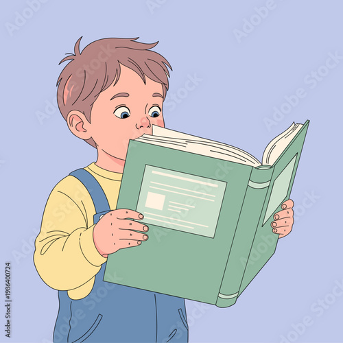 Boy reading a large book.
