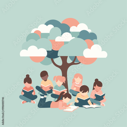 Diverse group of children reading books.