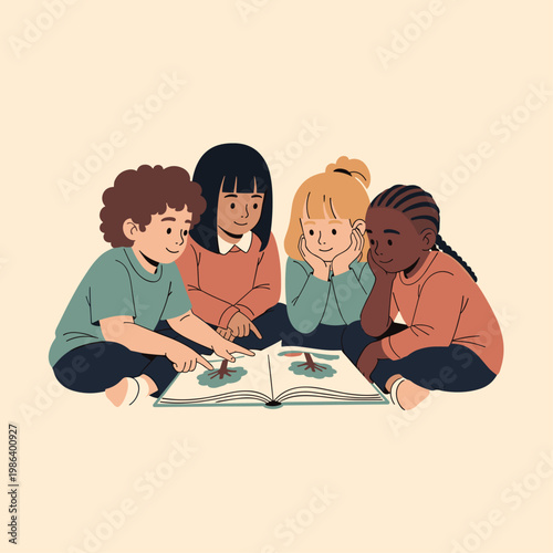 Four children reading a book together.