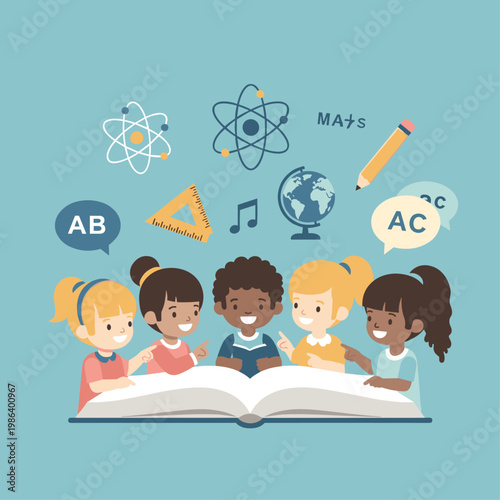 Diverse children reading a book.