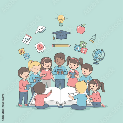 Children gathered around an open book.