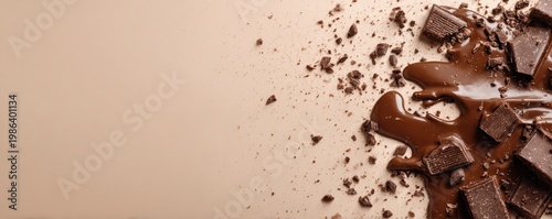 Melted dark chocolate with chunks and crumbs on beige background