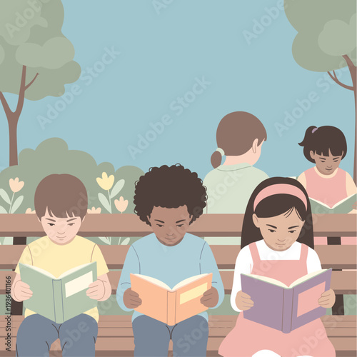 Children reading books on a bench.