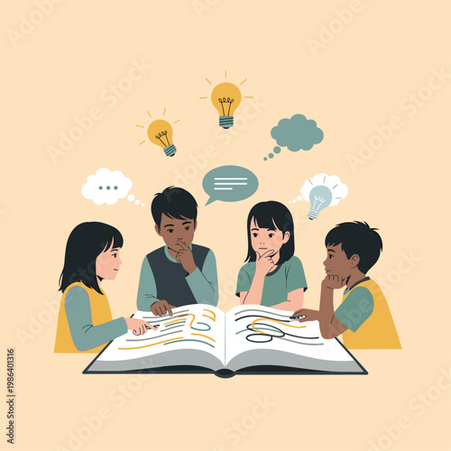 Four diverse students studying together.