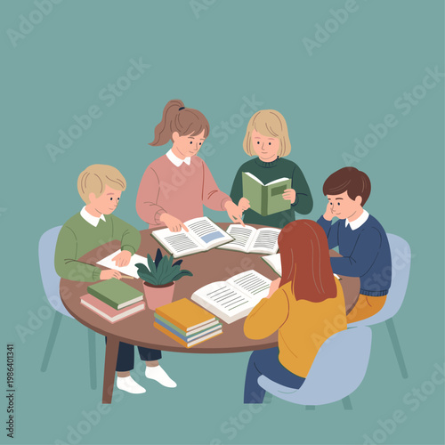 Group of children studying together indoors.