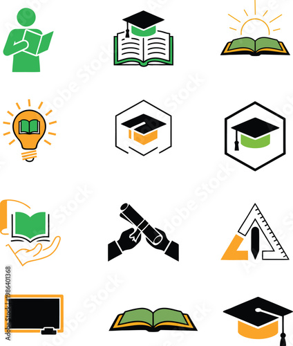 A clean and professional collection of education and learning icons designed for schools, universities, and online learning platforms. This set includes graduation caps, books, diplomas, light bulbs, 