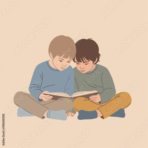Two boys reading a book together.