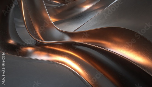 Metallic abstract flowing ribbons, brushed copper and silver surfaces, modern design