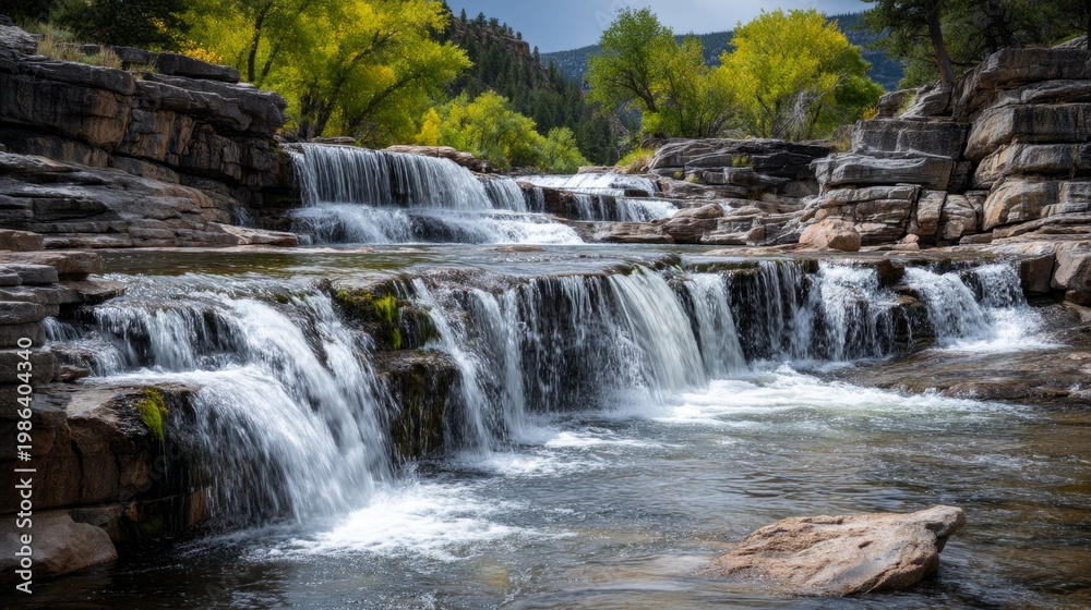 Obraz premium Cascading Water Flowing Over Multiple Tiers of Rocks in Scenic Landscape