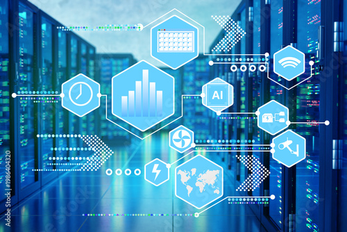 Data center, artificial intelligence analytics. Server room visualizes cloud, network, security and automation systems for digital infrastructure monitoring.