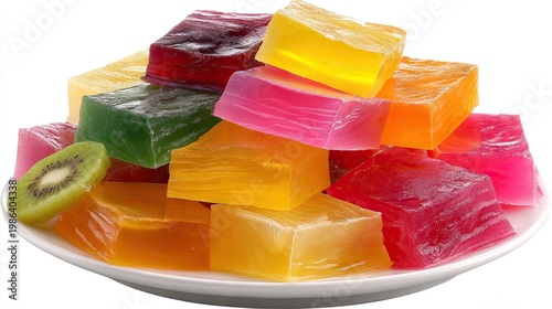 Colorful assortment of fruit jellies on white plate studio food photography