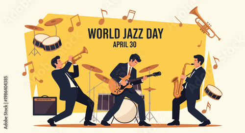 Jazz musicians celebrating International Jazz Day with musical instruments and sheet music
