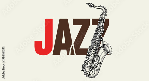 Celebrating International Jazz Day with a saxophone and jazz text on beige background