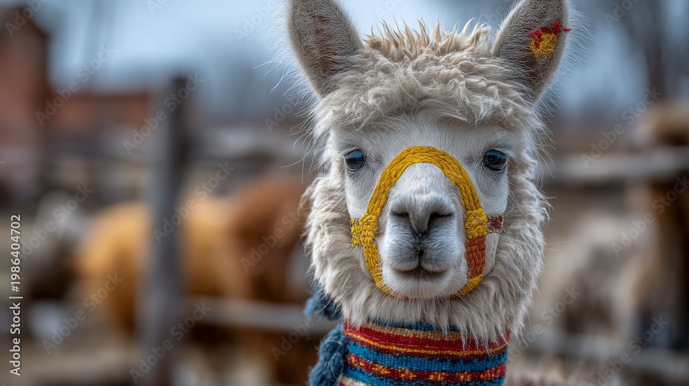 Fototapeta premium Decorative Textile Bands on Alpaca in Natural Outdoor Setting