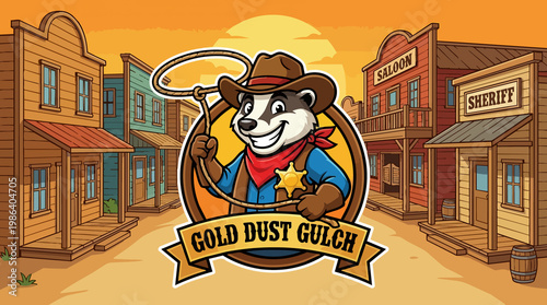Cartoon honey badger sheriff mascot throwing lasso in Gold Dust Gulch wild west buildings retro style sandy desert animated emblem