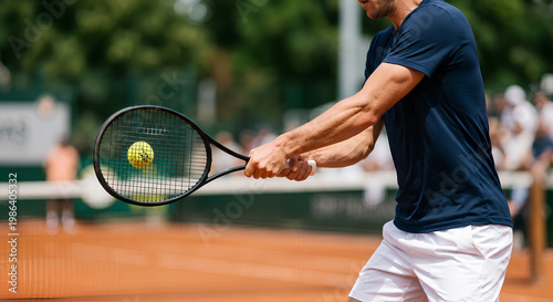 Close-up of a tennis player executing a powerful backhand shot on a clay court during match play with spectators blurred in background.