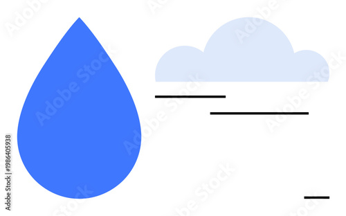 Water cycle, precipitation, weather forecast, climate change, hydrology, water resources. Blue droplet beside a cloud and lines rain. Water cycle and precipitation concept