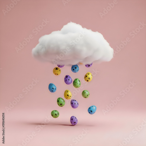 Cloud with Easter eggs rain on pastel pink background. Creative idea. Minimal concept. 3d rendering