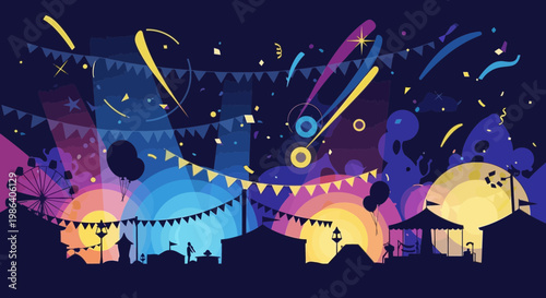 Festive night scene with fireworks and colorful decorations over buildings.