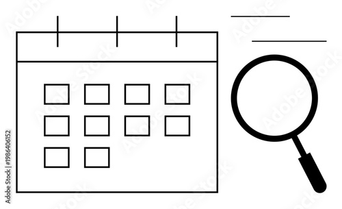 Date search concept. Calendar grid with magnifying glass for tracking schedules and managing tasks. Date search supports planning, organization, productivity, analytics, and prioritization